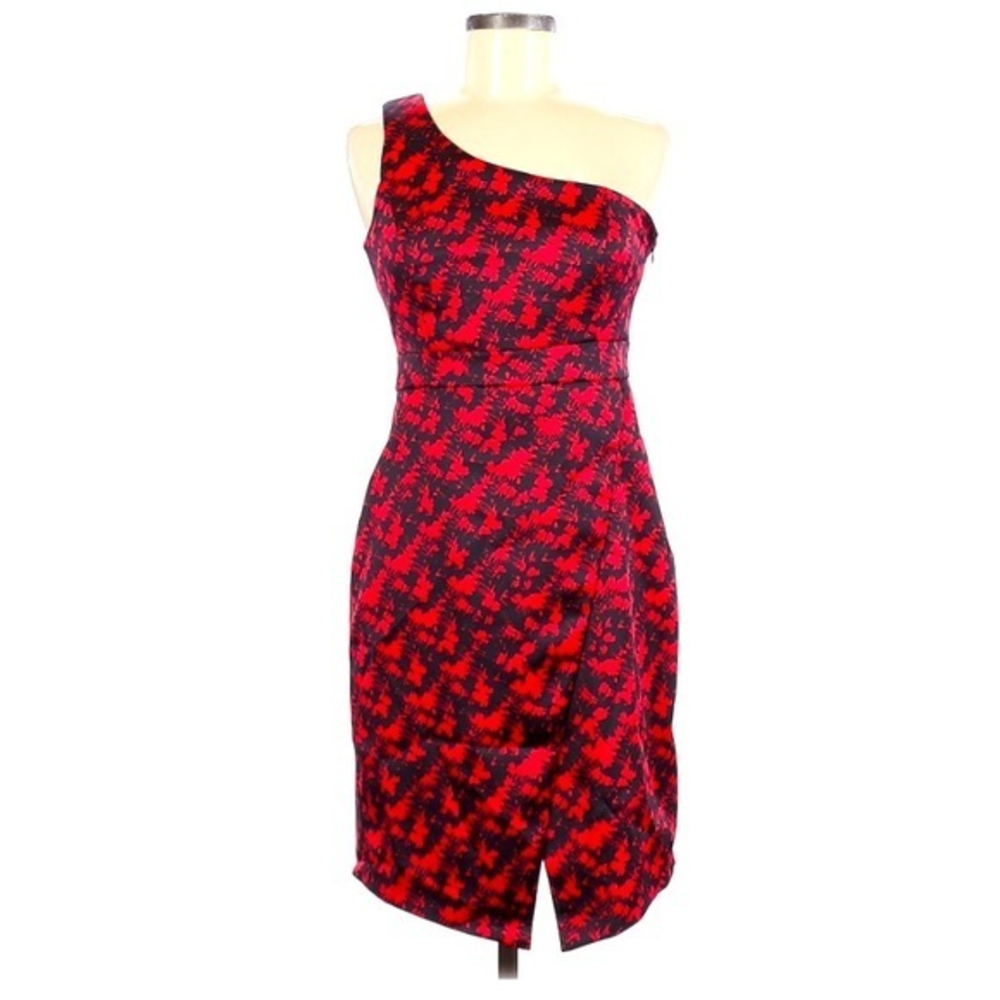 Kensie 6 red black geometric pattern 1 shoulder satin mock wrap cocktail dress‎